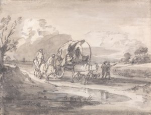 Open landschap met ruiters en overdekte wagen